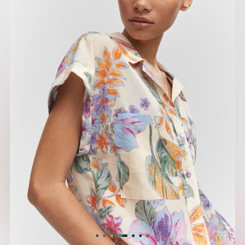 Mango Floral Pattern Shirt Cotton Short Sleeve Multicolor Size 8 - Picture 2 of 14